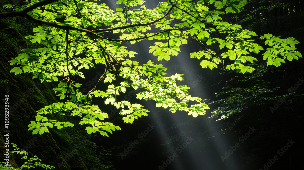 Fototapeta premium Sunlight filters through vibrant green leaves in serene forest