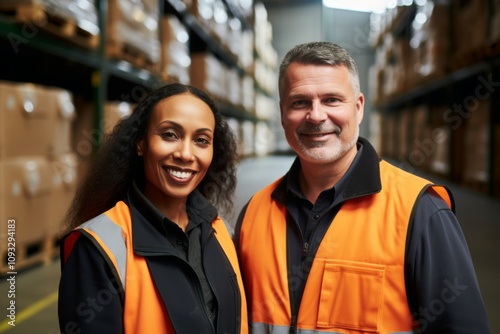 Group portrait of diverse middle aged warehouse workers