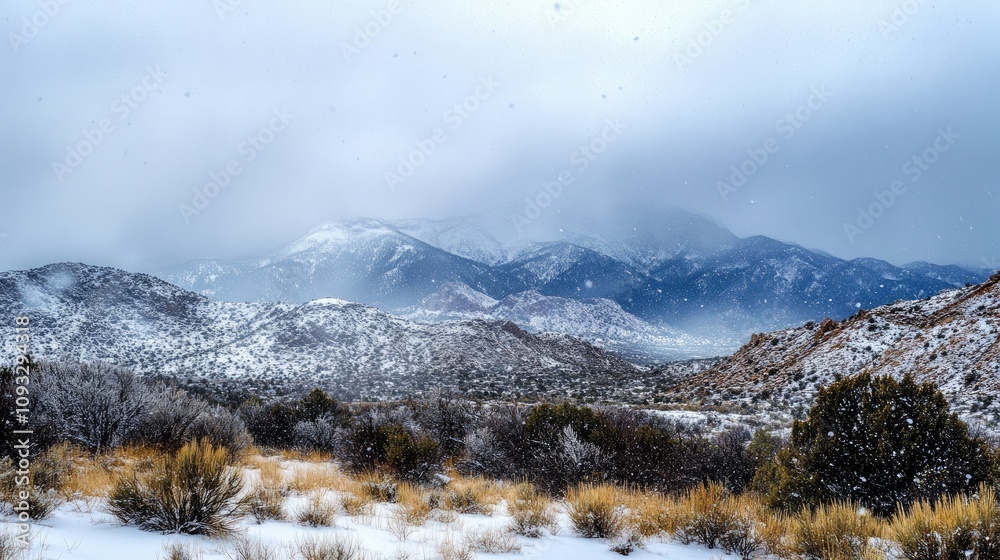 Snowfall in Winter Desert Landscape with Rolling Mountains and Fog, Showcasing Icy Serenity and Natural Beauty in the Wilderness