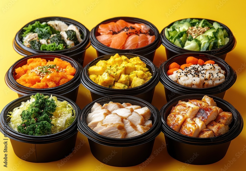 Colorful and Healthy Meal Prep Bowls with Fresh Ingredients and Vibrant Vegetables Placed on a Bright Yellow Background Ideal for Food Photography and Culinary Projects Colorful and Healthy Meal Prep Bowls with Fresh Ingredients and Vibrant Vegetables Placed on a Bright Yellow Background Ideal for Food Photography and Culinary Projects