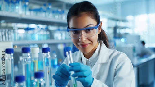 A smiling female scientist wearing safety glasses and gloves while examining test tubes in a bright, high-tech laboratory environment