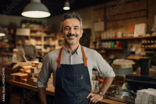 Portrait of a middle aged Hispanic cashier