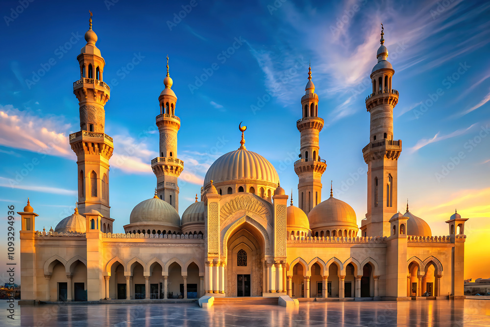 Fototapeta premium A majestic mosque with intricate details and towering minarets against a backdrop of a vibrant sunset.