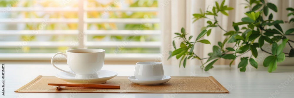 A serene morning scene with a cup of tea, an espresso, and a bamboo placemat on a table near a window with sunlight and lush plants A serene morning scene with a cup of tea, an espresso, and a bamboo placemat on a table near a window with sunlight and lush plants