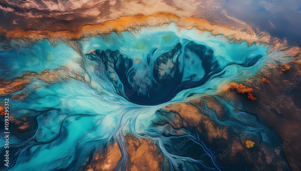 Fototapeta premium Aerial view of turquoise and gold abstract liquid plasma forming a mesmerizing pattern, resembling an otherworldly landscape