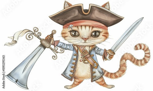 This charming cartoon cat dressed as a pirate wields a sword and showcases its playful side. Adorned in a pirate hat and eye patch, this artwork invites children to unleash their creativity photo