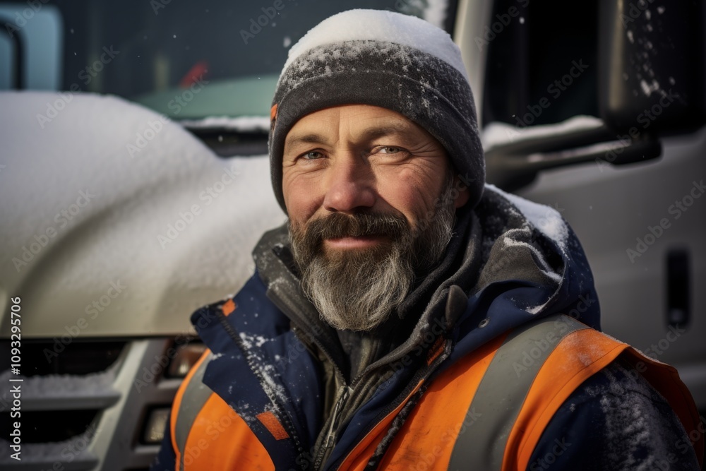 Portrait of a middle aged male truck driver during winter Portrait of a middle aged male truck driver during winter