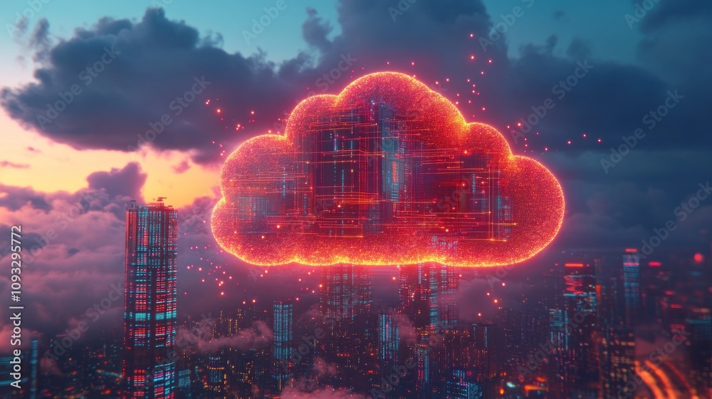 Glowing cloud computing network over futuristic city at sunset. Glowing cloud computing network over futuristic city at sunset.