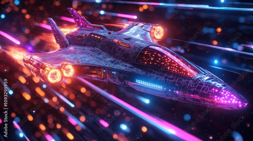 Futuristic spaceship in neon lights streaks across dark space. Futuristic spaceship in neon lights streaks across dark space.