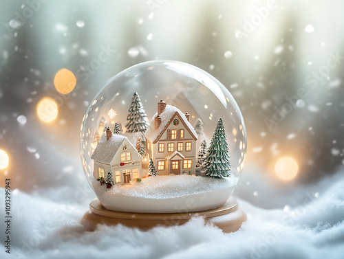 A whimsical snow globe withminiature Christmas village inside, surrounded by soft holiday lighting, printspace ,Minimalist color scheme, muted tones, clean lines