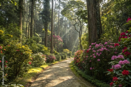 A narrow, winding path leads through a dense jungle filled with towering trees and vibrant flowers, sunlight filtering through the canopy above, sunlight, canopy, pathway, dense, trees