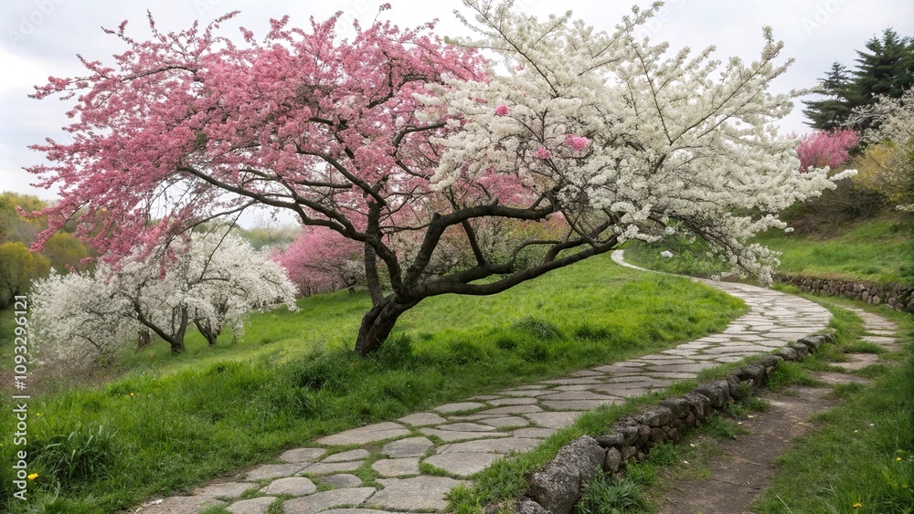 Fototapeta premium A pink and white plum blossom tree in full bloom standing near a stone path surrounded by lush green grass, white blossoms, spring blooms, blooming flowers