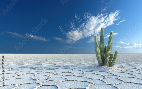 A captivating high-definition image of Sauti del Sole, S. Miranda, and a cactus amidst the Uyuni salt flat, with a backdrop of the expansive blue sky.  photo