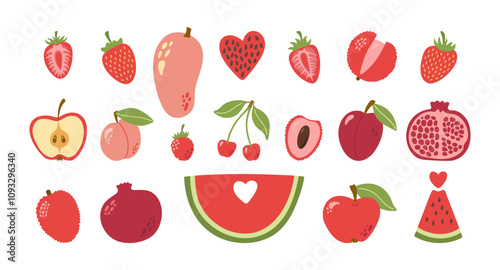 Red fruits and berries with leaves and seeds. Strawberry, mango, lychee, watermelon, apple, peach, raspberry, cherry, plum, pomegranate. Hand drawn vector cartoon collection.