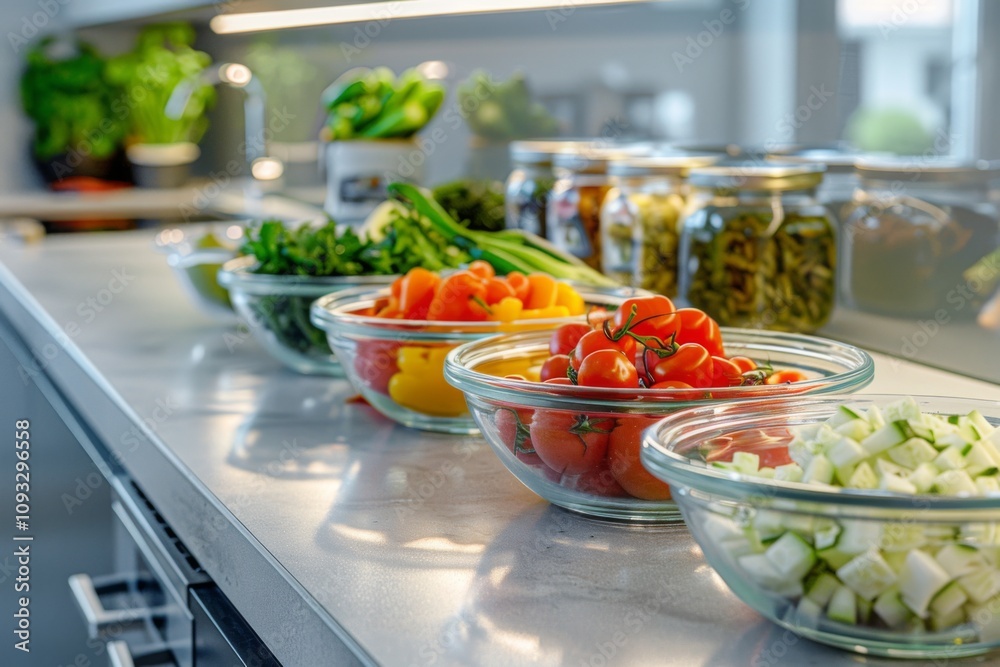 Freshly chopped vegetables displayed in clear bowls Freshly chopped vegetables displayed in clear bowls
