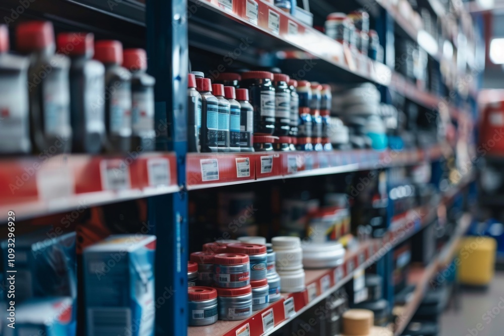 Close up of shelves in an auto parts store Close up of shelves in an auto parts store