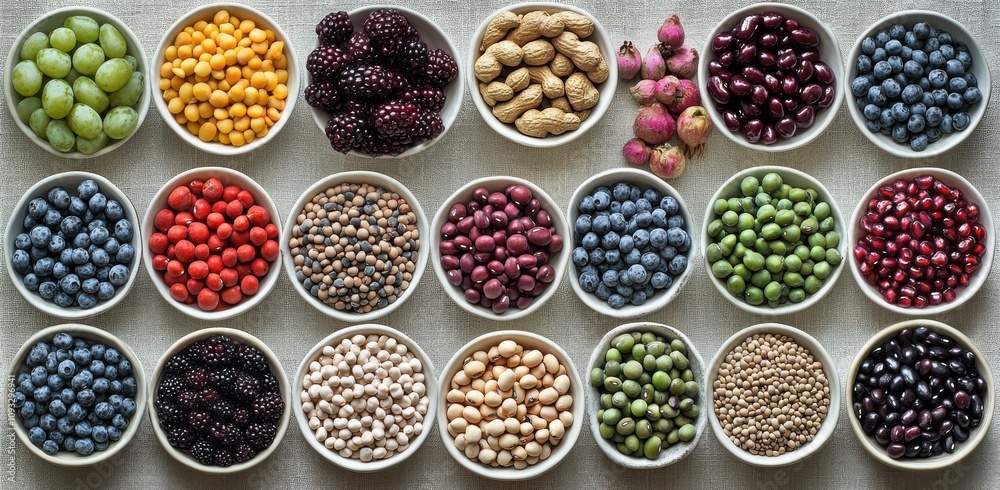 Colorful Arrangement of Fresh Fruits, Nuts, Seeds, and Berries in Small Bowls on a Neutral Background for Healthy Lifestyle and Culinary Inspiration Colorful Arrangement of Fresh Fruits, Nuts, Seeds, and Berries in Small Bowls on a Neutral Background for Healthy Lifestyle and Culinary Inspiration