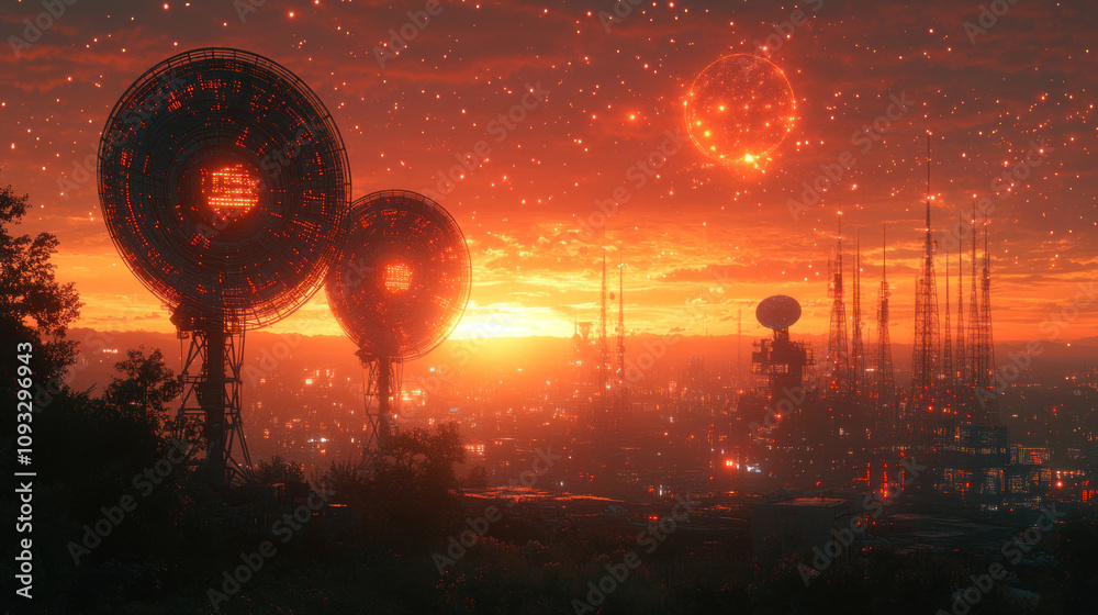A photo with a futuristic city atmosphere at sunset. In the foreground are huge antennas and radars glowing with orange lights, creating the impression of an alien or post-apocalyptic world. A photo with a futuristic city atmosphere at sunset. In the foreground are huge antennas and radars glowing with orange lights, creating the impression of an alien or post-apocalyptic world.