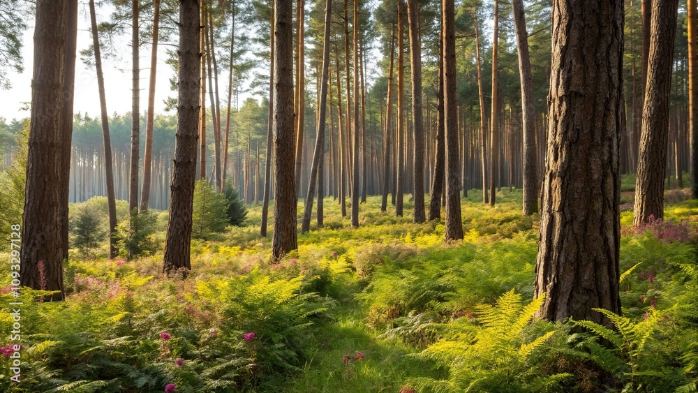 A wald with sunlit trunks and undergrowth, forest floor, forest path, tree trunks, wooded area, forest scenery