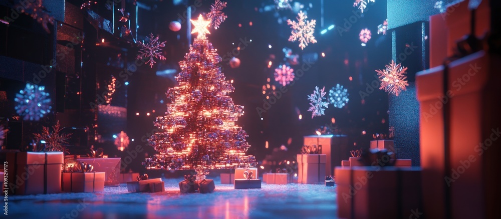 Fototapeta premium Illuminated Christmas tree with presents and snowflakes.