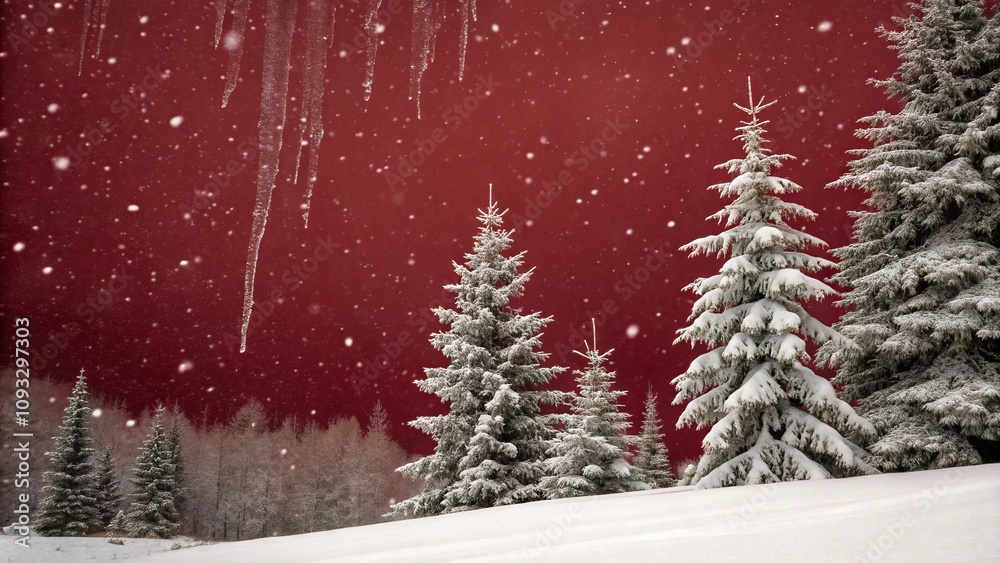 Obraz premium A winter wonderland scene on a deep crimson red background with pine trees snowflakes and icicles, holiday decor, deep red, icy landscape