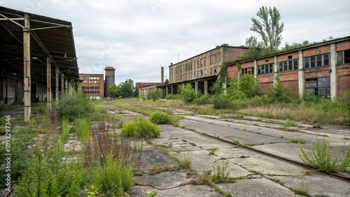 Abandoned and overgrown industrial site with crumbling buildings, buildings, overgrown, industrial