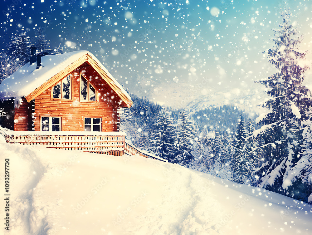Scenic winter landscape withlone wooden cabin in the distance, surrounded by snow-covered trees andvast sky, printspace ,Abstract textures, blurred motion, dreamlike colors Scenic winter landscape withlone wooden cabin in the distance, surrounded by snow-covered trees andvast sky, printspace ,Abstract textures, blurred motion, dreamlike colors