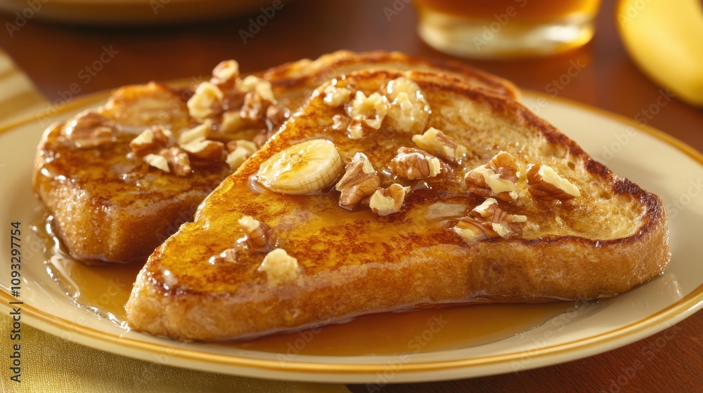 Golden Brown French Toast Topped with Sliced Bananas and Chopped Nuts, Drizzled with Sugary Syrup on a Wooden Table Setting Golden Brown French Toast Topped with Sliced Bananas and Chopped Nuts, Drizzled with Sugary Syrup on a Wooden Table Setting