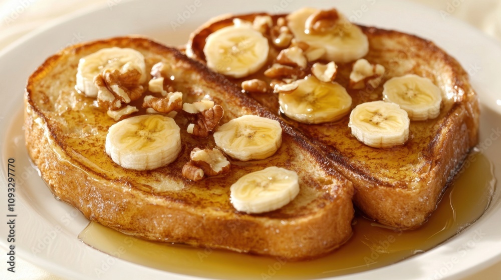 Delicious French Toast with Slices of Banana, Chopped Nuts, and Maple Syrup on a White Plate for a Perfect Breakfast or Brunch Delight Delicious French Toast with Slices of Banana, Chopped Nuts, and Maple Syrup on a White Plate for a Perfect Breakfast or Brunch Delight