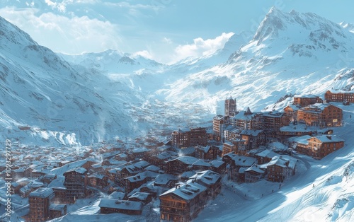 A high-resolution photograph of the Val Thorens ski resort in France, taken during the day.  photo