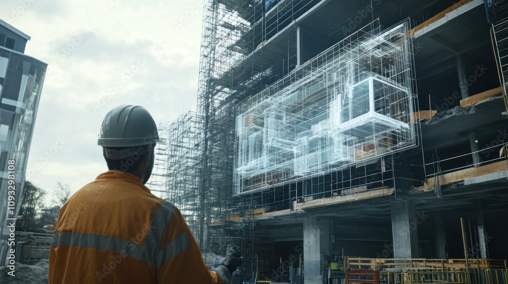 Construction worker reviewing building's holographic blueprint. Construction worker reviewing building's holographic blueprint.