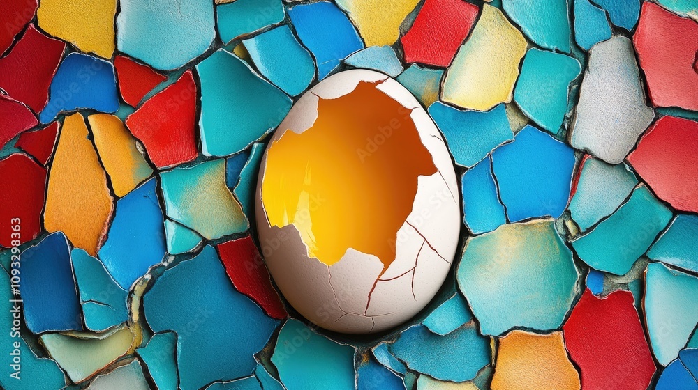 Cracked Egg Shell Against Colorful Mosaic Background, Symbolizing New Beginnings, Creativity, and Transformation in a Vibrant Artistic Composition Cracked Egg Shell Against Colorful Mosaic Background, Symbolizing New Beginnings, Creativity, and Transformation in a Vibrant Artistic Composition