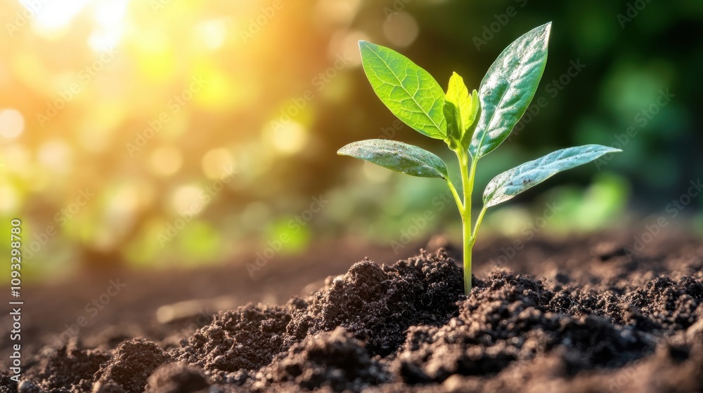Fresh Green Plant Sprouting from Dark Rich Soil Under Warm Sunlight, Symbolizing New Growth and Hope in Nature's Environment and Ecosystem Fresh Green Plant Sprouting from Dark Rich Soil Under Warm Sunlight, Symbolizing New Growth and Hope in Nature's Environment and Ecosystem