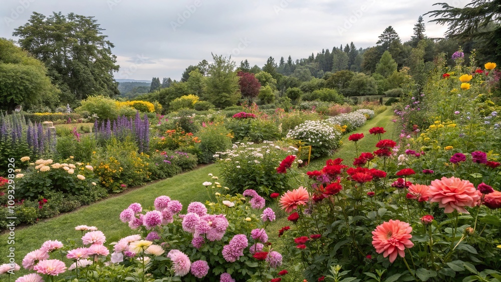 Colorful garden with mixed flower blooms, gerbera daisies bright, lilies trumpet-shaped, zinnias orange Colorful garden with mixed flower blooms, gerbera daisies bright, lilies trumpet-shaped, zinnias orange