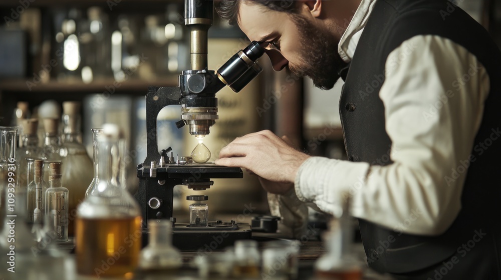 Close-Up of Scientist Observing a Sample Under Microscope in Vintage Laboratory Filled with Bottles and Glassware, Capturing the Essence of Scientific Exploration and Discovery Close-Up of Scientist Observing a Sample Under Microscope in Vintage Laboratory Filled with Bottles and Glassware, Capturing the Essence of Scientific Exploration and Discovery