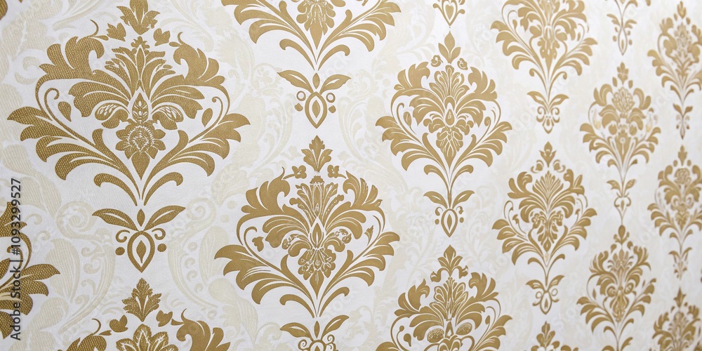 Damask seamless wallpaper with intricate floral patterns in gold and cream colors against a soft white background, damask wallpaper, golden accents, paper wall coverings, Damask seamless wallpaper with intricate floral patterns in gold and cream colors against a soft white background, damask wallpaper, golden accents, paper wall coverings,