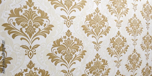 Damask seamless wallpaper with intricate floral patterns in gold and cream colors against a soft white background, damask wallpaper, golden accents, paper wall coverings, 