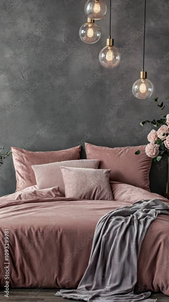 A plush rose-colored duvet cover adorns a bed in a modern bedroom with ...
