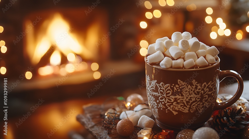 Rich hot chocolate with marshmallows styled with a cozy Christmas backdrop including a glowing fireplace Rich hot chocolate with marshmallows styled with a cozy Christmas backdrop including a glowing fireplace
