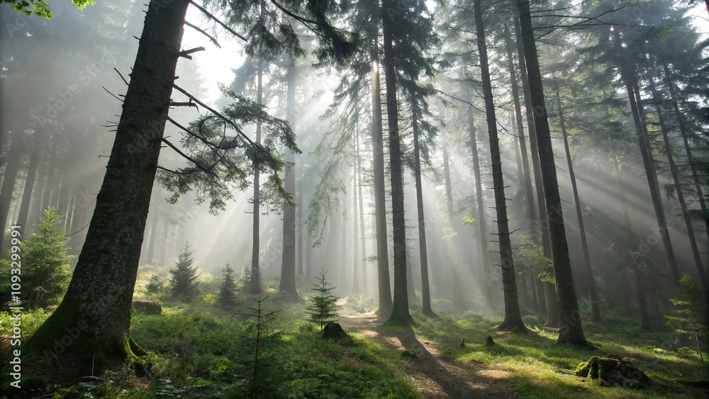 Fototapeta premium Dense fir forest with misty fog rolling in, filtering sunlight through leafy canopy, ferns, foliage, rugged terrain