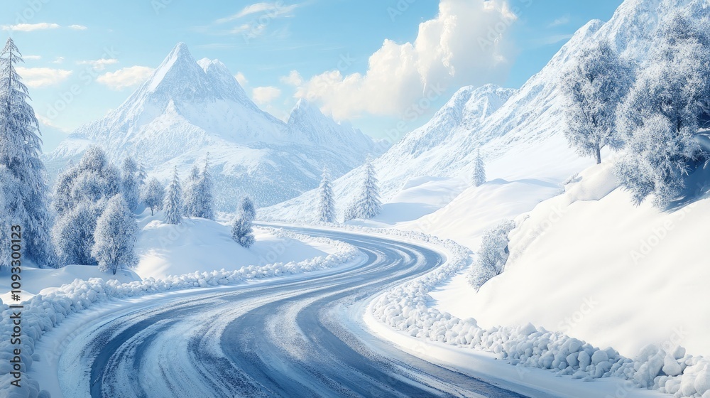 Serene Winter Landscape Featuring Snow-Covered Mountains and Winding Road Under a Clear Blue Sky with Light Fluffy Clouds Serene Winter Landscape Featuring Snow-Covered Mountains and Winding Road Under a Clear Blue Sky with Light Fluffy Clouds