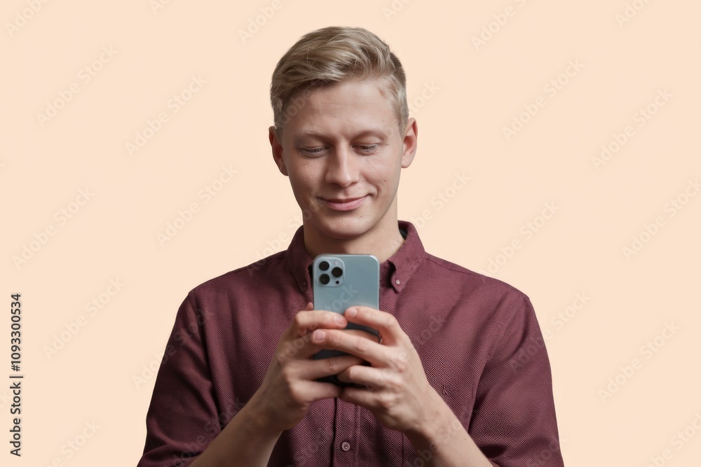 Happy Young Man Smartphone Pastel Background - Digital Engagement Happy Young Man Smartphone Pastel Background - Digital Engagement