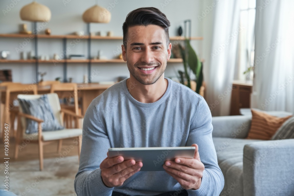 Smiling Young Man Using Tablet Cozy Modern Living Room Smiling Young Man Using Tablet Cozy Modern Living Room