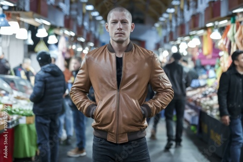 Confident Young Man Brown Leather Jacket Urban Market - Fashionable Street Style