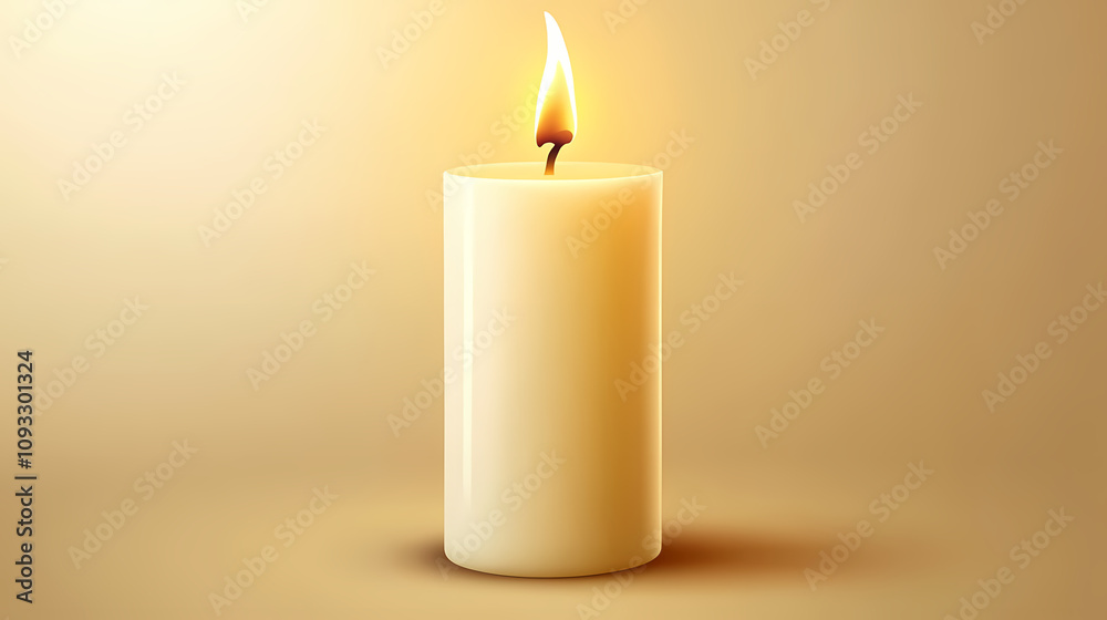 A single white pillar candle burns with a warm yellow flame. Burning Candle Wax. Illustration A single white pillar candle burns with a warm yellow flame. Burning Candle Wax. Illustration
