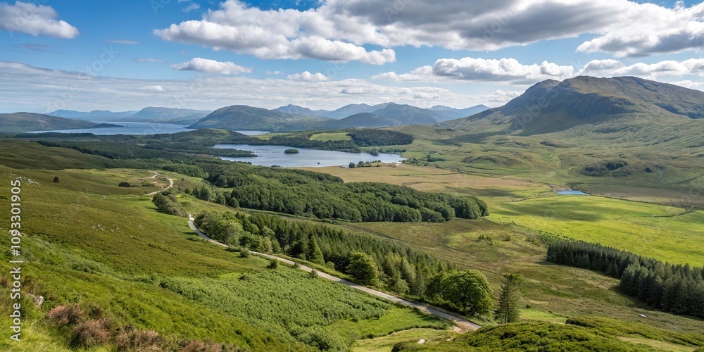 Naklejka premium Ujęcie krajobrazu Poolewe Achnasheen Highlands w Szkocji z góry, wodospady, wyżyny, nierówny teren, szczyty górskie