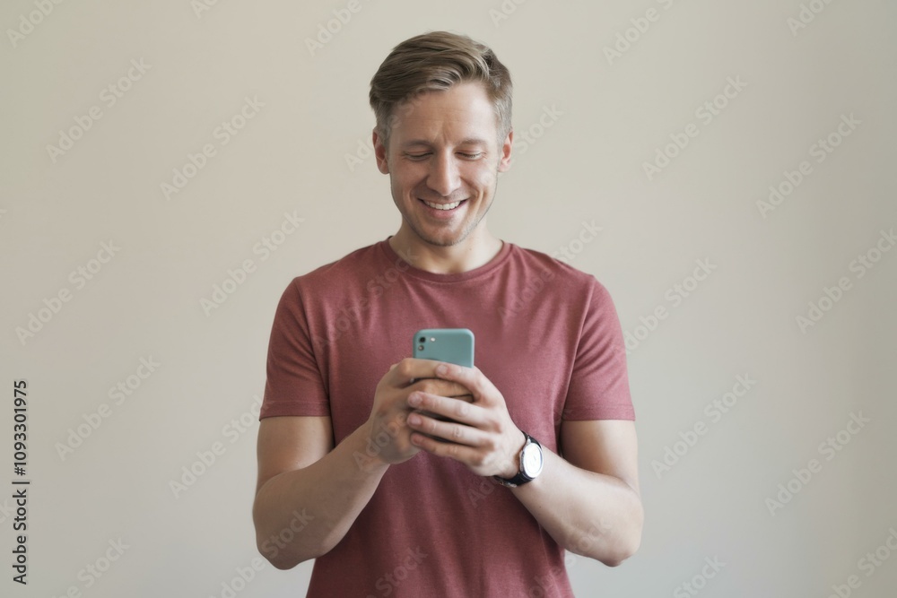 Happy Young Man Using Smartphone Casual Setting Social Media Marketing Happy Young Man Using Smartphone Casual Setting Social Media Marketing