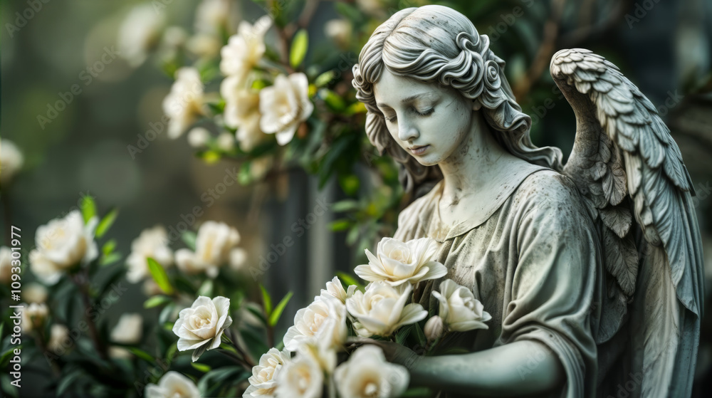 Statue of sad angel holding white blooming flowers at cemetery Statue of sad angel holding white blooming flowers at cemetery