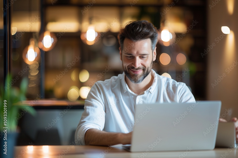 Smiling man working on laptop in cozy ambient lighting, representing productivity, remote work, and modern lifestyle concepts Smiling man working on laptop in cozy ambient lighting, representing productivity, remote work, and modern lifestyle concepts