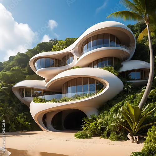 aerial shot of a dynamic futuristic building in atropical forest photo